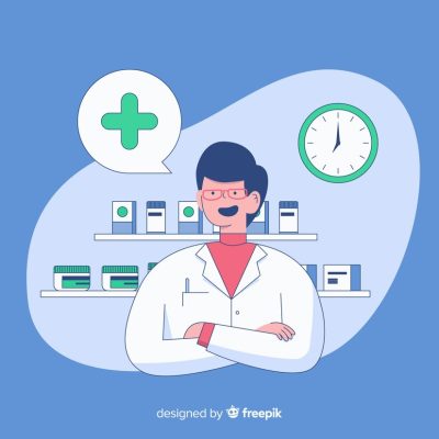 flat-pharmacist-attending-customers-background_23-2148170011